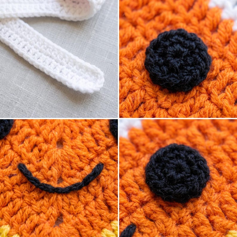 May include: A crochet item featuring orange yarn with black circular accents and a black stitched curved line. The piece includes white crocheted straps with a textured stitch pattern. The construction shows detailed yarn loops and knots throughout.
