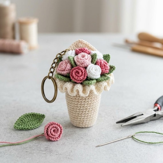 Amigurumi Flower Bouquet Keychain Crochet Pattern (PDF) | Mini Rose Charm Bag Accessory