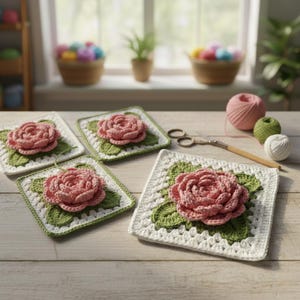 May include: Four handmade crochet coasters with a rose design. Each coaster features a pink rose with green leaves on a white square background, framed with a green border. The coasters are displayed on a wooden surface.