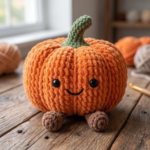 May include: A plush orange pumpkin made of soft, textured yarn with a green stem, two small brown feet, and a stitched face featuring black plastic eyes and a simple black smile. The pumpkin has a rounded, ribbed shape and a fuzzy appearance.