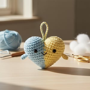 Pode incluir: Um enfeite de coração de crochê feito à mão, metade azul e metade amarelo, com olhos de segurança pretos e um sorriso costurado. O coração tem uma argola para pendurar. Uma bola de lã azul, uma agulha de crochê e tesouras estão no fundo.