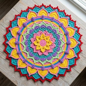 May include: A circular crochet mandala doily featuring a vibrant, multi-layered floral pattern. The design incorporates concentric rings of yellow, pink, light green, purple, blue, and teal yarn, finished with a scalloped red outer border.