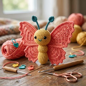 Puede incluir: Una mariposa de ganchillo hecha a mano con alas color coral y cuerpo amarillo. La mariposa tiene antenas turquesas y ojos negros. También se ven un ovillo de lana coral, ganchillos y marcadores de punto.