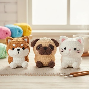 Könnte beinhalten: Drei gehäkelte Tierfiguren: ein Shiba Inu Hund, eine Möpse und eine Katze. Der Shiba Inu ist braun und weiß, die Möpse ist beige und braun, und die Katze ist weiß mit rosa Akzenten. Die Figuren sind handgefertigt und sitzen auf einer Holzoberfläche.
