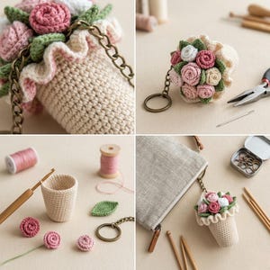 Op de afbeelding: Gehaakt boeket rozen in roze, wit en groen, gepresenteerd in een beige gehaakte kegelvormige houder. Het boeket is bevestigd aan een ketting. De afbeelding toont ook een sleutelhangerversie, haakbenodigdheden en een kleine etui.