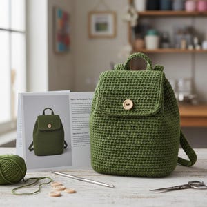 Könnte beinhalten: Ein handgefertigter, olivgrüner Häkelrucksack mit Klappenverschluss und Holzknopf. Der Rucksack hat einen oberen Griff und verstellbare Träger. Ein Häkelhaken, Garn und ein Musterbuch liegen neben dem Rucksack. Der Rucksack ist etwa 25 cm hoch.