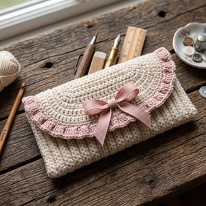 May include: A cream-colored, crocheted clutch with a scalloped pink border and a matching bow. The handmade bag is open, revealing pens, a ruler, and an eraser. A ball of yarn and a crochet hook are also visible.
