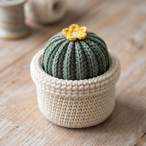 May include: A handmade crochet cactus in a cream pot. The cactus is green with vertical detailing and a small yellow flower. The pot is cream-coloured with a textured finish. The craft item is set against a blurred background with yarn.