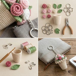 Haakpatroon amigurumi-bloemboeket sleutelhanger (pdf) | Accessoire tas met mini-roos bedel afbeelding 3