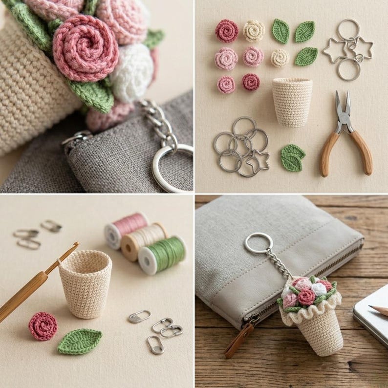 Haakpatroon amigurumi-bloemboeket sleutelhanger (pdf) | Accessoire tas met mini-roos bedel afbeelding 3