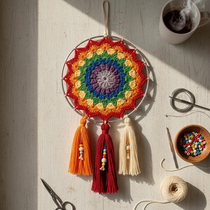 Padrão de crochê para apanhador de sonhos arco-íris, arte de parede mandala floral (padrão em PDF)
