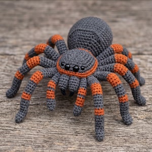 May include: A crocheted spider toy featuring a dark gray body with vibrant orange bands on its eight legs. The spider has a rounded abdomen, a smaller cephalothorax, and four prominent black bead eyes arranged in a row across the front.