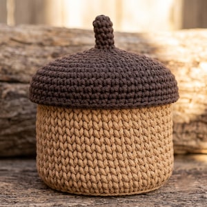 Crochet Acorn Storage Basket Pattern, Cotton Cord Rustic Organizer (PDF Download)