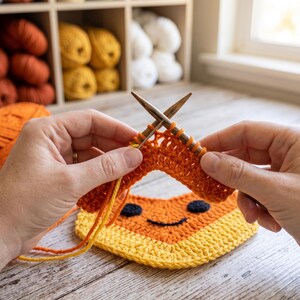 May include: A piece of orange and yellow crochet work being crafted with two wooden knitting needles. The fabric features a triangular shape with two black circular eyes and a black curved line forming a mouth, resembling a candy corn character.