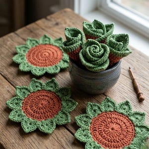 May include: Handmade crochet coasters and decorative succulents in a rustic setting. The coasters feature a sunflower design with green and orange yarn. The succulents are in a blue ceramic pot, with a wooden crochet hook.