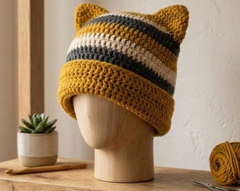 Easy Crochet Cat Ear Beanie Pattern – Beginner Rectangle Hat Design