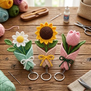Puede incluir: Tres llaveros de flores de ganchillo: una margarita, un girasol y un tulipán. La margarita tiene pétalos blancos y un centro amarillo. El girasol tiene pétalos amarillos y un centro marrón. El tulipán es rosa. Cada flor está envuelta en un ramo de ganchillo.