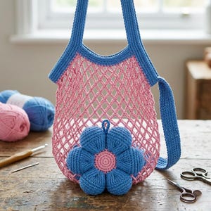 Padrão de sacola de crochê dobrável para compras | Sacola dobrável com estampa de flores | Sacola de compras reutilizável em tela | Sacola de crochê compacta com bolso