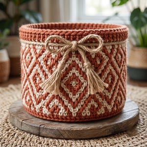 May include: A round, crocheted storage basket featuring a geometric diamond pattern in burnt orange and cream yarn. The basket is accented with a natural jute twine bow tied around the upper rim, complete with two dangling jute tassels.