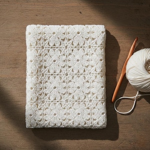 Op de afbeelding: Een gevouwen, crèmekleurige gehaakte deken met een bloemenpatroon. Een houten haaknaald en een bol wit garen liggen ernaast op een houten oppervlak. De deken is gemaakt van een zacht, getextureerd materiaal.