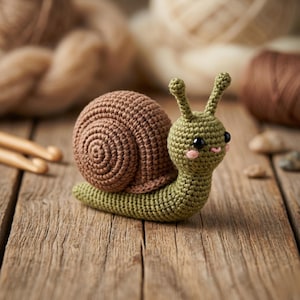 Op de afbeelding: Een handgemaakte gehaakte slak met een bruin huisje en een groen lichaam. De slak heeft zwarte ogen en roze wangen en staat op een houten oppervlak. Een schattig, grillig item.