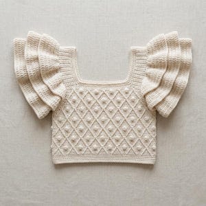 Puede incluir: Un top de ganchillo color crema con escote cuadrado y mangas cortas con tres capas de volantes. El cuerpo presenta un patrón de rombos texturizado con puntos de bodoque en relieve en cada intersección de la cuadrícula de rombos.