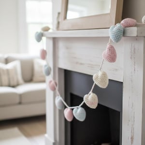 Puede incluir: Una guirnalda de corazones de ganchillo en colores pastel, incluyendo rosa, azul y crema, cuelga de una repisa blanca. Los corazones están unidos por un cordón blanco, creando un acento decorativo para la decoración del hogar.