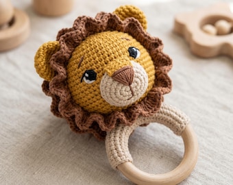 Gehäkelte Löwe Babyrassel Muster PDF, Amigurumi Beißring Spielzeug, Safari Baby Geschenk, einfach DIY Säugling Spielzeug Design
