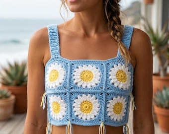 Floral Granny Square Crochet Crop Top Pattern, Boho Festival Bralette (PDF)