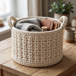 May include: A beige, hand-crocheted basket with two handles, filled with a gray blanket, small brown notebooks, and a wooden spool. The basket sits on a wooden table, showcasing a textured stitch pattern.