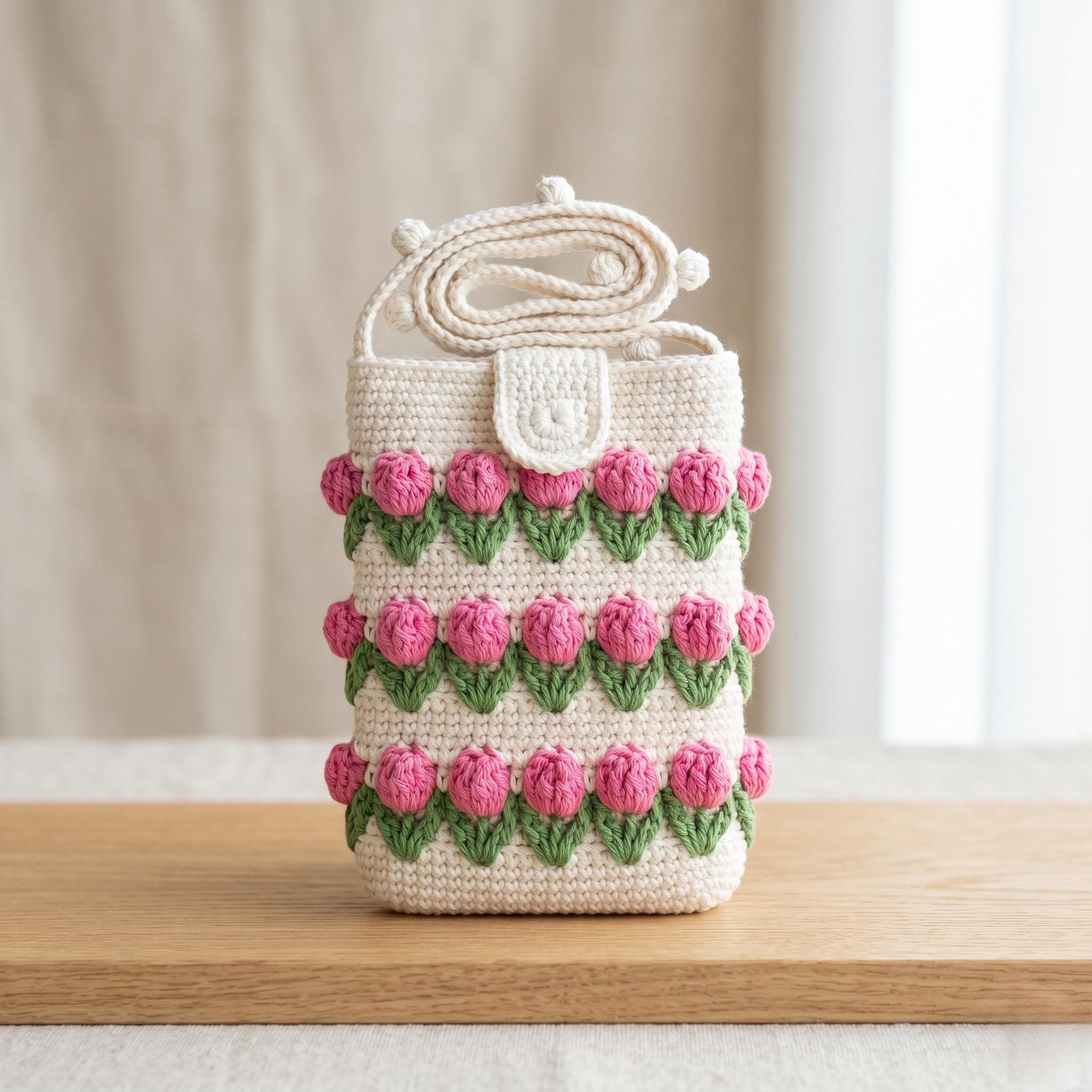 31 Crochet Sling Bags with Crossbody Bags, Tote Bags, and Keychain Styles 7 Crochet Tulip Phone Bag Pattern 3D Floral Mini Crossbody