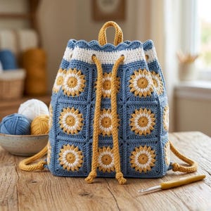 Op de afbeelding: Een handgemaakte gehaakte rugzak in een blauw, wit en geel zonnebloemmotief. De tas met trekkoord heeft een gele handgreep en bandjes, met een witte geschulpte rand. De tas staat op een houten oppervlak, met garen en een haaknaald in de buurt.