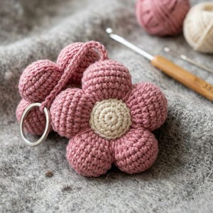 May include: A crocheted flower keyring in a dusty rose pink with a cream-coloured centre. The flower is attached to a silver-coloured keyring. The background includes yarn and crochet hooks, suggesting a craft theme.