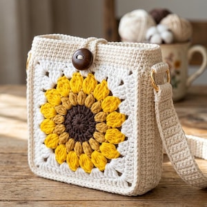 May include: Cream-colored crochet bag with a sunflower design. The bag features a large, detailed sunflower in shades of yellow and brown on the front. It has a wooden button closure and a long strap with gold-colored rings. The bag is approximately 8 inches wide.