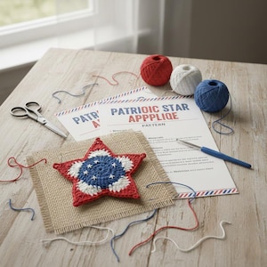May include: A patriotic star applique craft project with red, white, and blue yarn, a crochet hook, and scissors. The project includes a star applique on burlap, a pattern sheet, and three yarn balls.