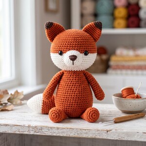 Könnte beinhalten: Ein handgefertigtes Häkel-Fuchs-Stofftier mit einem leuchtend orangefarbenen Körper, einer weißen Schnauze und einem weiß gespitzten Schwanz. Der Fuchs hat dunkelbraune Ohrspitzen, schwarze Sicherheitsaugen und eine kleine braun gestickte Nase.