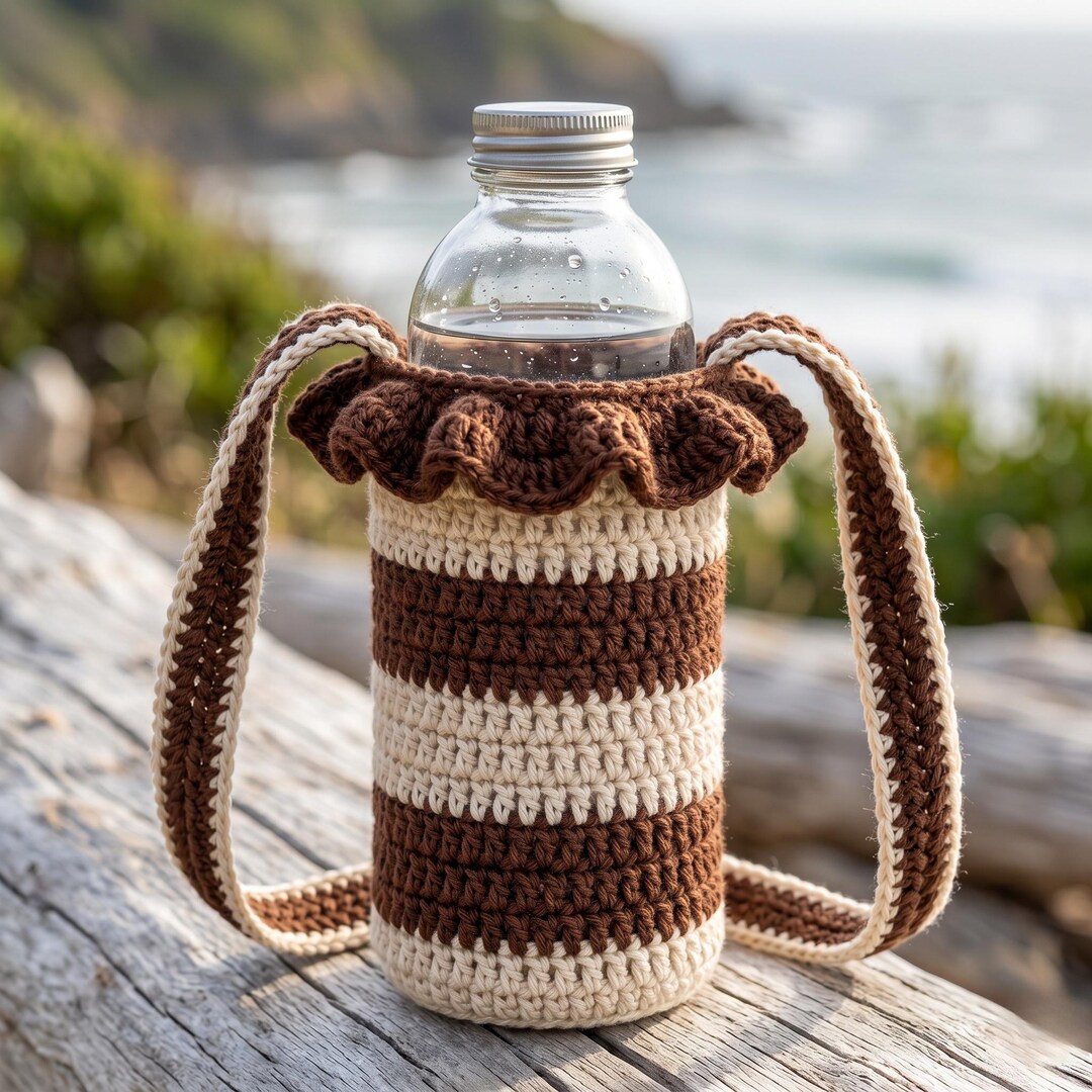 Crochet Water Bottle Holder Pattern | Striped Crossbody Bag With Ruffle ...