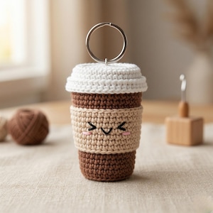 May include: Crocheted coffee cup keychain with a smiling face. The keychain is brown, tan, and white, with a silver ring. The cup has a white lid and a tan sleeve with a smiling face. A cute, handmade accessory.