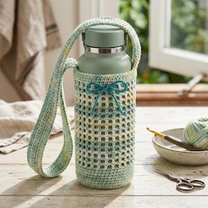 Pode incluir: Uma garrafa de água verde num suporte de crochê feito à mão com uma alça a condizer. O suporte tem um design de tecido aberto azul claro e amarelo, amarrado com um laço azul-petróleo. A garrafa tem cerca de 23 cm de altura.