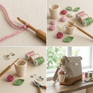 Op de afbeelding: Een houten haaknaald met roze garen, kleine gehaakte bloemen en blaadjes, garenklosjes, metalen steekmarkeerders en een beige en bruine canvas tas met een gehaakte bloemenmand-bedel bevestigd aan de zijriem.