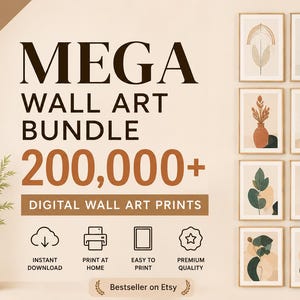 May include: A digital wall art bundle featuring 200,000+ prints. The image displays twelve framed prints with botanical, abstract, and geometric designs in earth tones like terracotta, sage green, and beige, alongside icons for download and print.