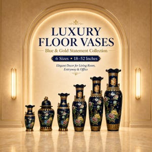 May include: A collection of six dark blue ceramic floor vases with gold accents and floral patterns, ranging from 18 to 52 inches in height. The text reads LUXURY FLOOR VASES, Blue & Gold Statement Collection, 6 Sizes 18-52 Inches, Elegant Decor.