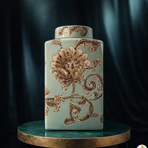 May include: A rectangular, light blue ceramic jar with a lid, featuring a large floral design and ornate brown scrollwork. The jar is displayed on a green and gold pedestal against a dark teal backdrop.