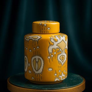 Op de afbeelding: Een gele keramische pot met een deksel, met een decoratief patroon in wit en goud. De pot is cilindrisch met een afgerond deksel en staat op een groen en gouden standaard. De achtergrond is donkerblauwgroen.