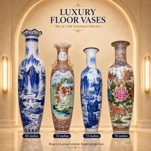 May include: Four decorative floor vases with varying heights of 208 cm, 183 cm, 183 cm, and 193 cm. The vases feature intricate blue and white landscape scenes, floral patterns, and gold accents, with text reading LUXURY FLOOR VASES.
