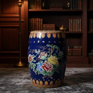 Puede incluir: Un taburete de jardín de cerámica azul con un diseño floral. El taburete presenta un fondo azul oscuro con flores y pájaros coloridos. Los bordes superior e inferior tienen un ribete dorado. El taburete es de forma cilíndrica.