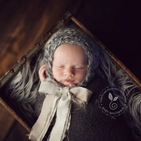 Baby Bonnet - SOFT 'n DREAMY Vintage line - Feather GRAY- newborn baby bonnet - photography prop - knitbysarah - stitches by sarah