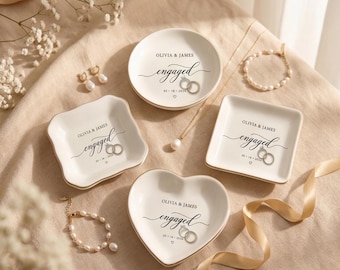 Custom Engagement Ring Dish, Minimalist Jewelry Holder with Initials, Bridal Shower Gift, Unique Proposal Keepsake, Engaged Date Plate