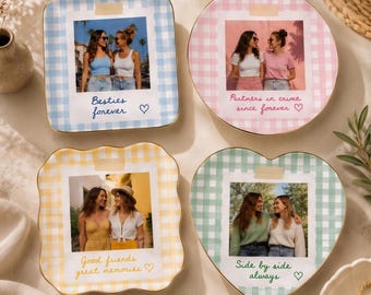 Plat à bijoux personnalisé avec photo pour meilleure amie, cadeau à carreaux vichy bleu, porte-bagues personnalisé, plateau à bijoux photo, cadeau d'anniversaire
