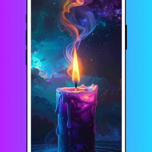 May include: A digital art image of a lit candle with a vibrant flame. The candle is purple with dripping wax, set against a backdrop of swirling, colourful smoke and a starry night sky. The image is displayed on a smartphone.